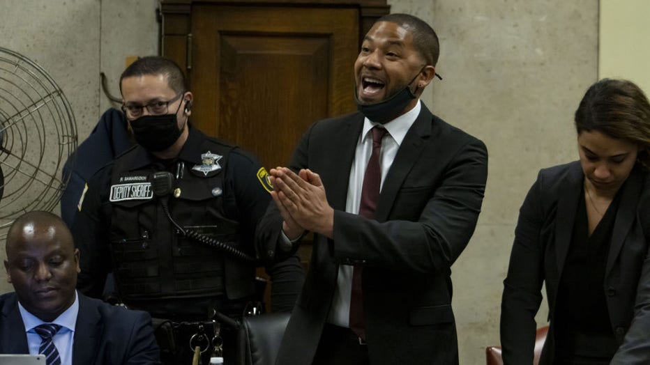 Actor Jussie Smollett speaks to Judge James Linn after his sentence is read on March 10, 2022, at the Leighton Criminal Court Building in Chicago. (Brian Cassella/Chicago Tribune/Tribune News Service via Getty Images)