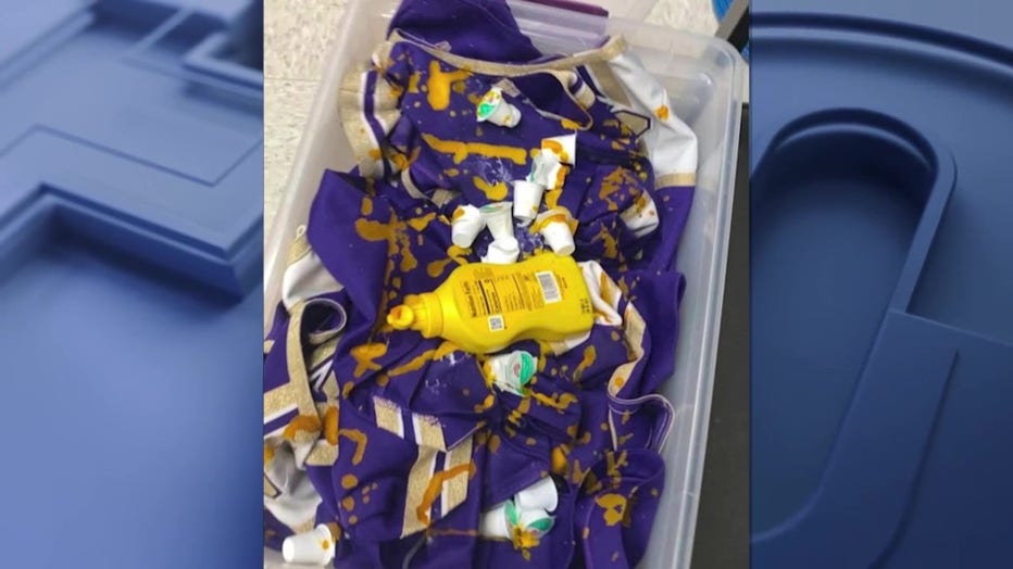 Photos showing uniforms doused with mustard and creamer and an obscene drawing made the rounds on social media after the break-in at Cartersville High School on Dec. 10, 2024.